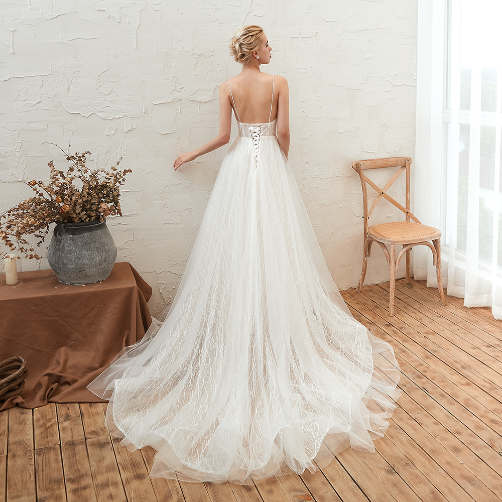 A-line Plunging Neckline Sleeveless Chapel Train Tulle Bridal Gown With Lace 14