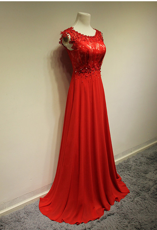 A-line Sleeveless Floor-length 100D Chiffon Evening Dress With Lace 2