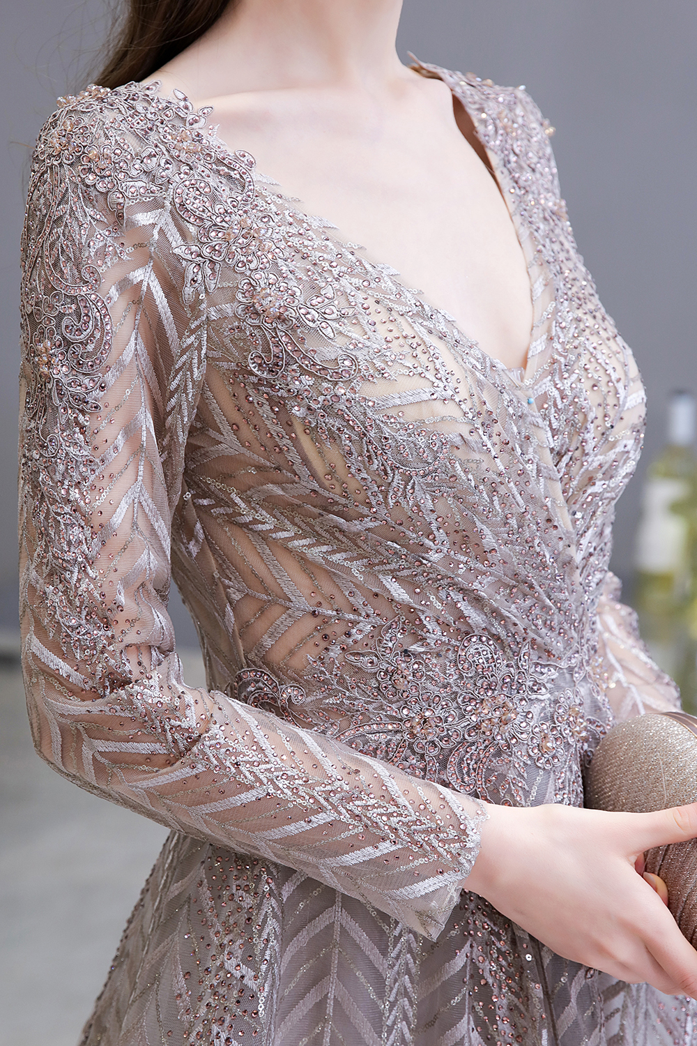 A-line V-neck Long Sleeves Sweep / Brush Train Lace Evening Dress With Pearls 9