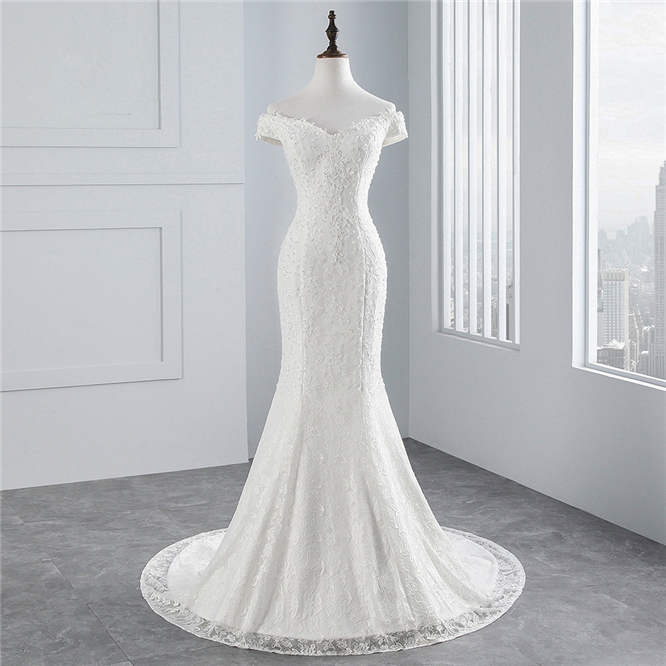 Mermaid Off-the-shoulder Sweetheart Neck Sleeveless Floor-length Lace Bridal Dress With Lace 8