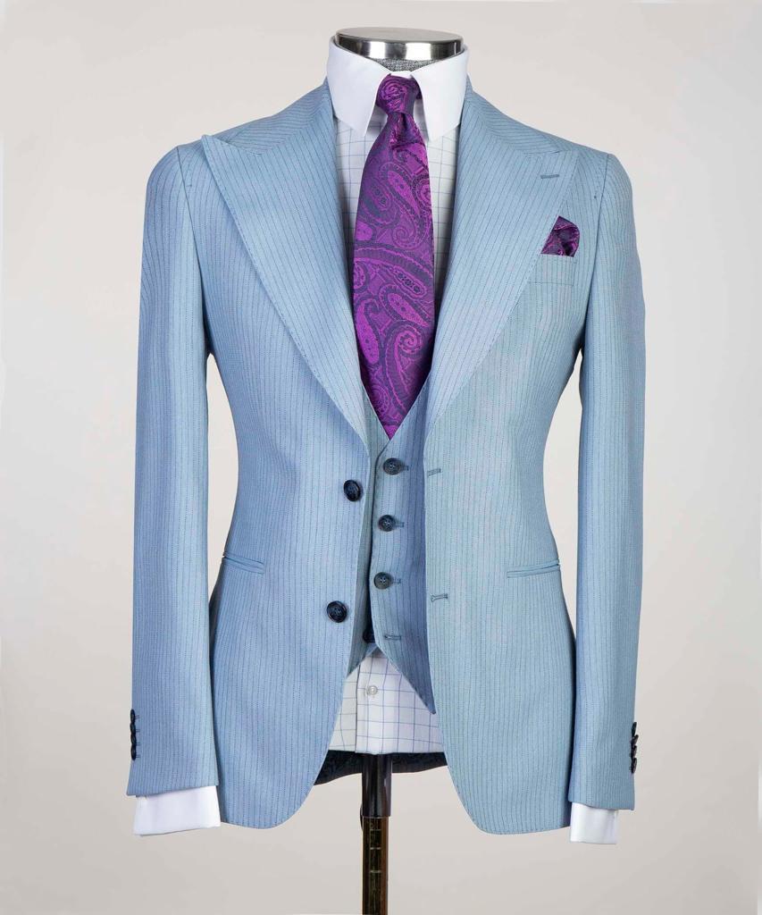 Sky Blue Striped Peaked Lapel Three Pieces Men Business Suit 4