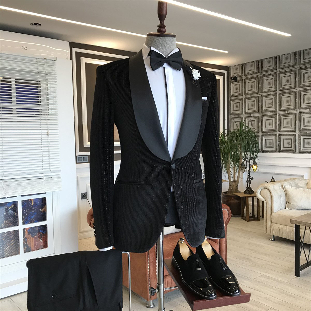 Black Sparkle Wedding Suit with Shawl Lapel 2