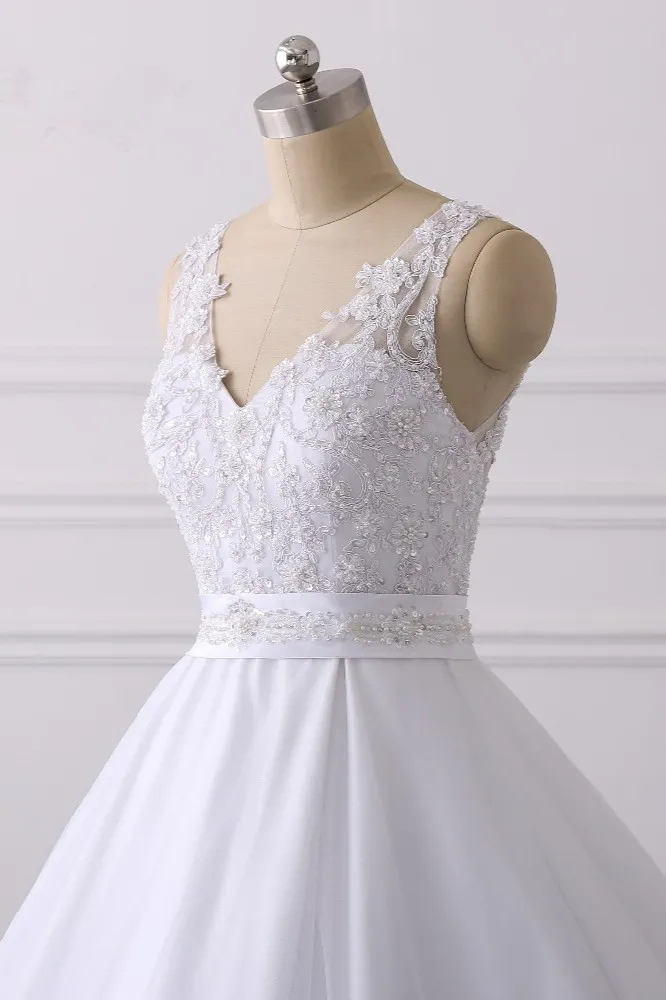 A-line V-neck Sleeveless Floor-length Satin Bridal Dress With Appliques 5