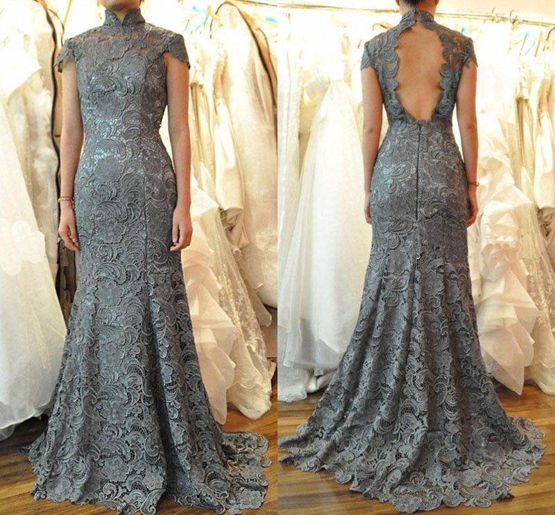 Mermaid High Neck Sweep / Brush Train Wedding Gown With Lace 2
