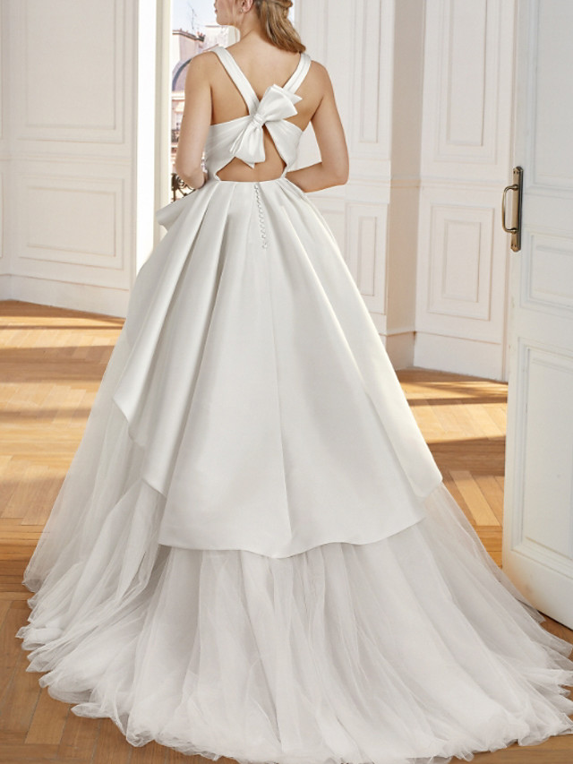 A-line V-neck Sleeveless Sweep / Brush Train Tulle Wedding Gown With Lace 2