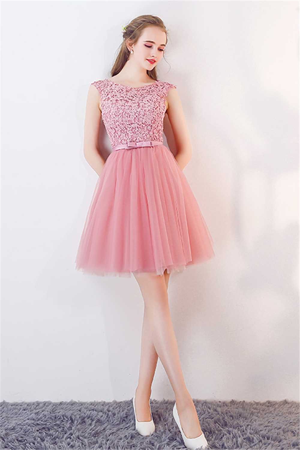Pink Tulle Sleeveless Homecoming Dress with Lace Bowknot 5