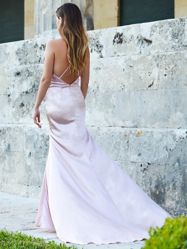 Column Straps Sleeveless Sweep / Brush Train Evening Gown With Appliques 5