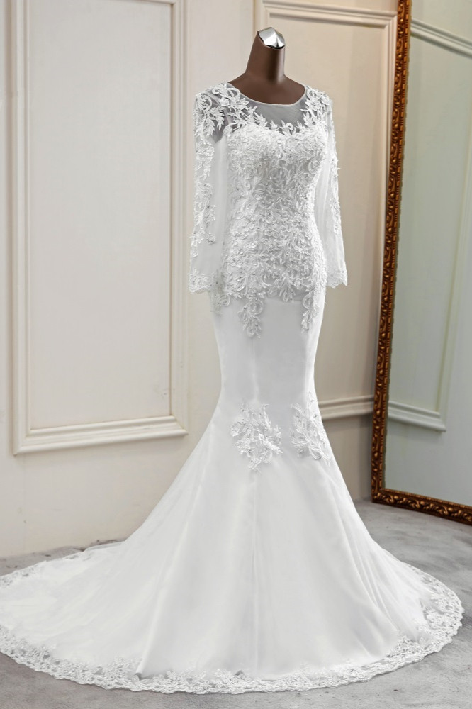 Mermaid Jewel Neck Long Sleeves Floor-length Tulle Wedding Dress With Appliques 4