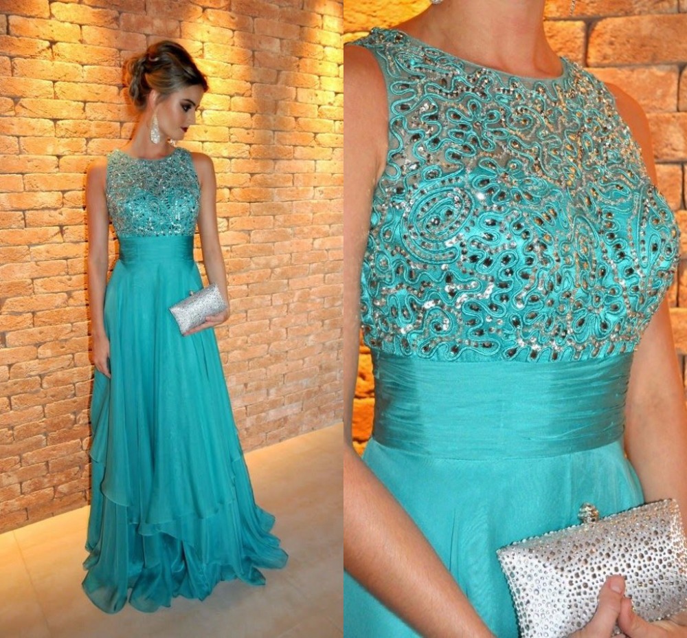 A-line Scoop Neck Sleeveless Floor-length 100D Chiffon Evening Gown With Beading 3