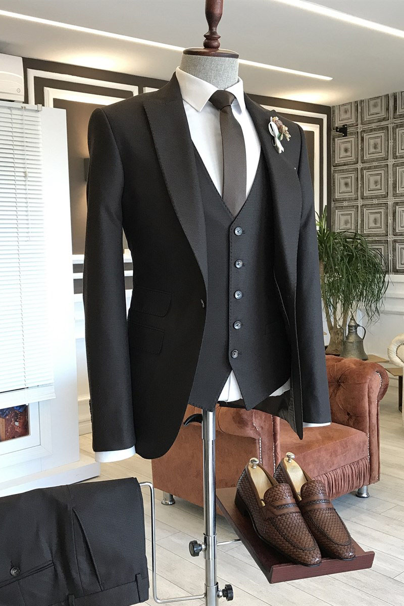All Black Double Breasted Waistcoat Business Suit 1