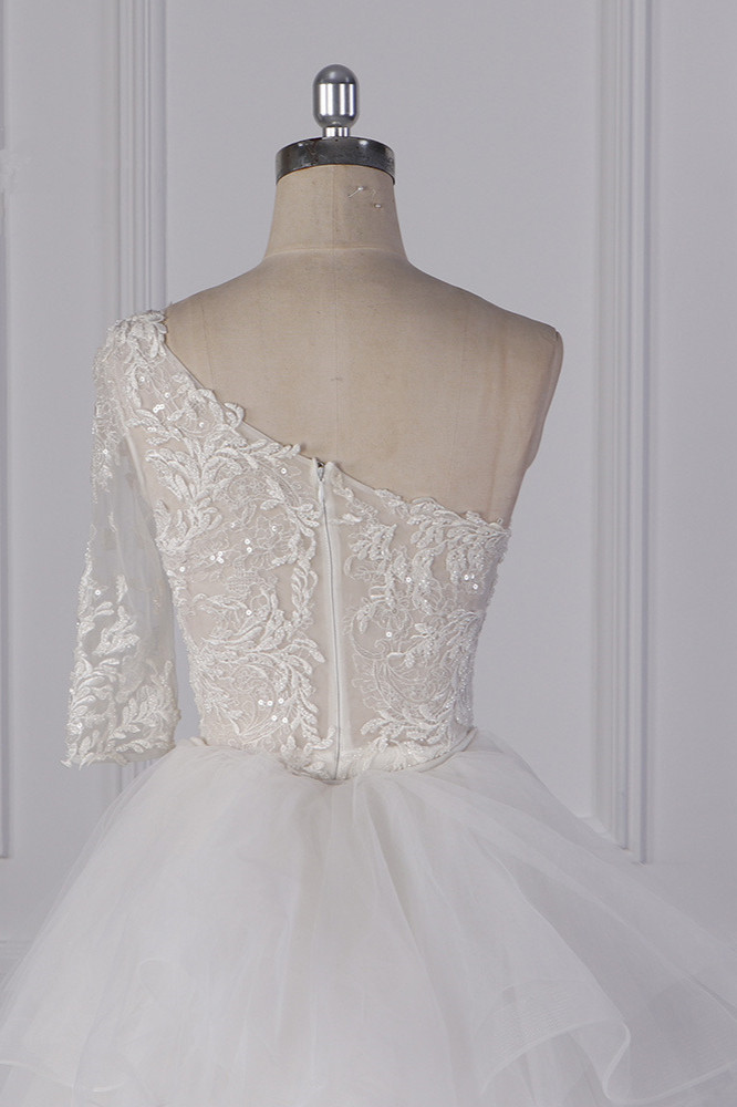 Column One Shoulder 3/4-Length Sleeves Floor-length Tulle Wedding Dress With Appliques 5