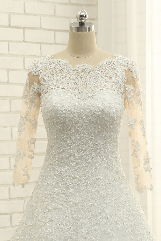 A-line Jewel Neck Half-Sleeves Court Train Wedding Gown With Lace 6