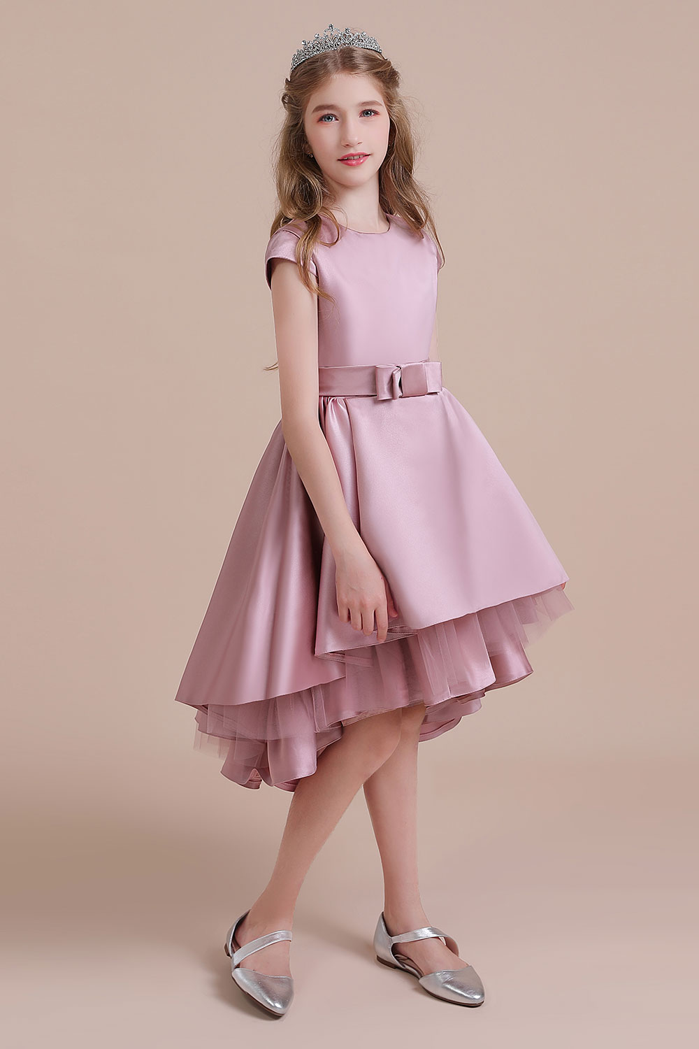 A-line Jewel Neck Short Sleeves Knee-length Tulle Flower Girl Dress With Ribbons 4