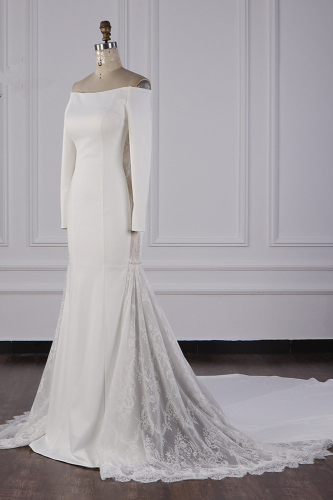 Column Off-the-shoulder Long Sleeves Floor-length Satin Wedding Dress With Appliques 3