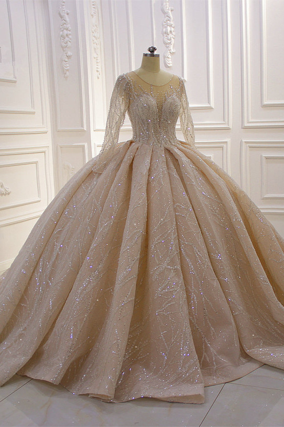 Ball Gown Jewel Neck Long Sleeves Floor-length Tulle Bridal Dress With Beading 2