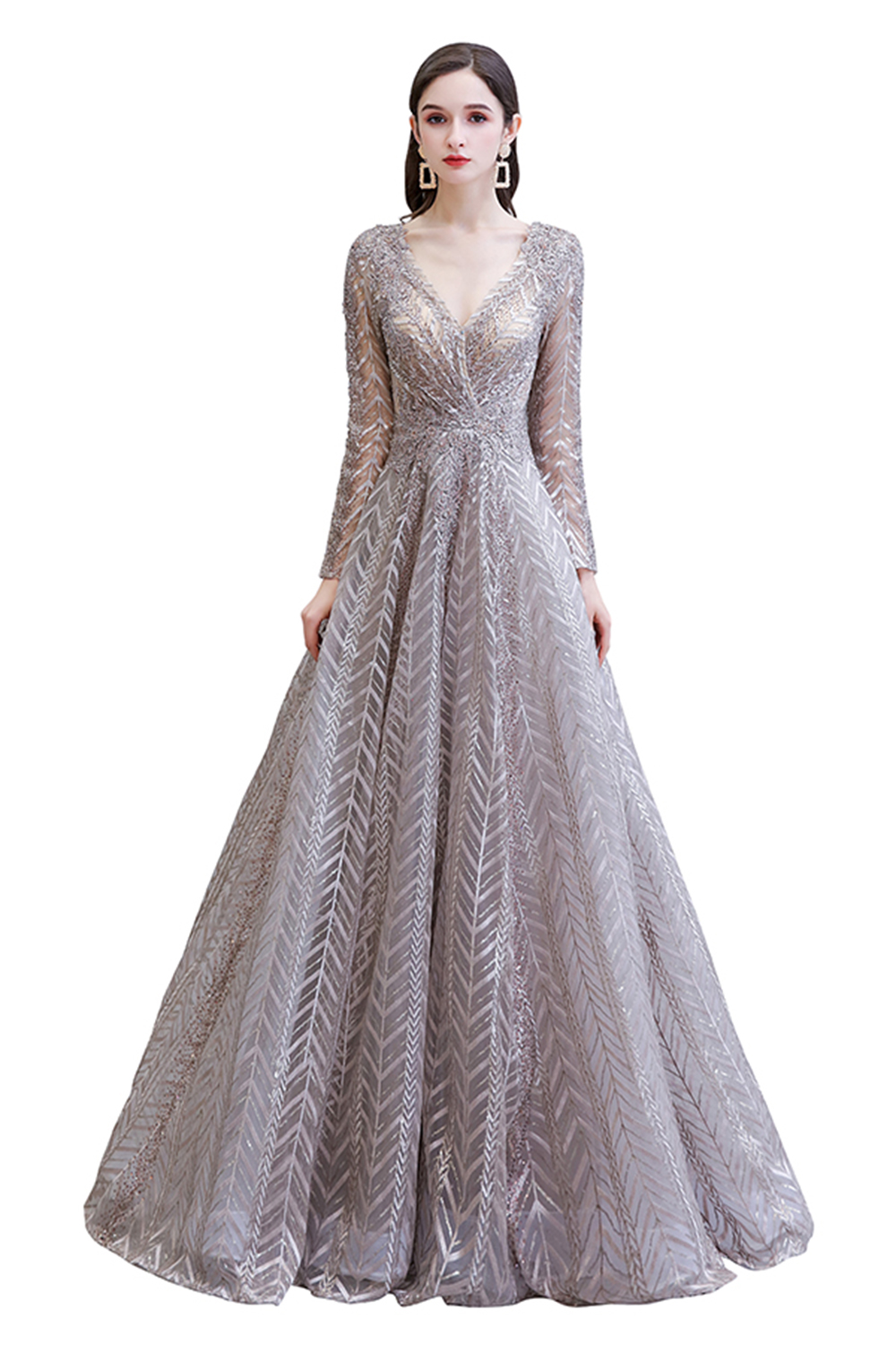 A-line V-neck Long Sleeves Sweep / Brush Train Lace Evening Dress With Pearls 3