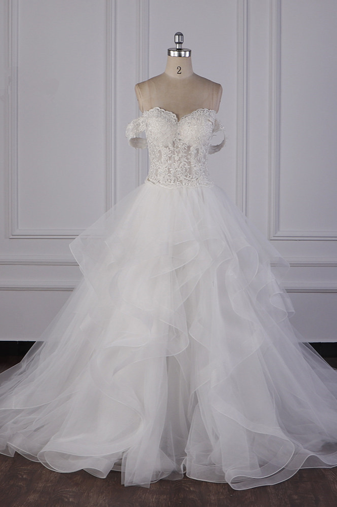 A-line Off-the-shoulder Sweetheart Neck Sleeveless Floor-length Tulle Bridal Dress With Ruffles 1
