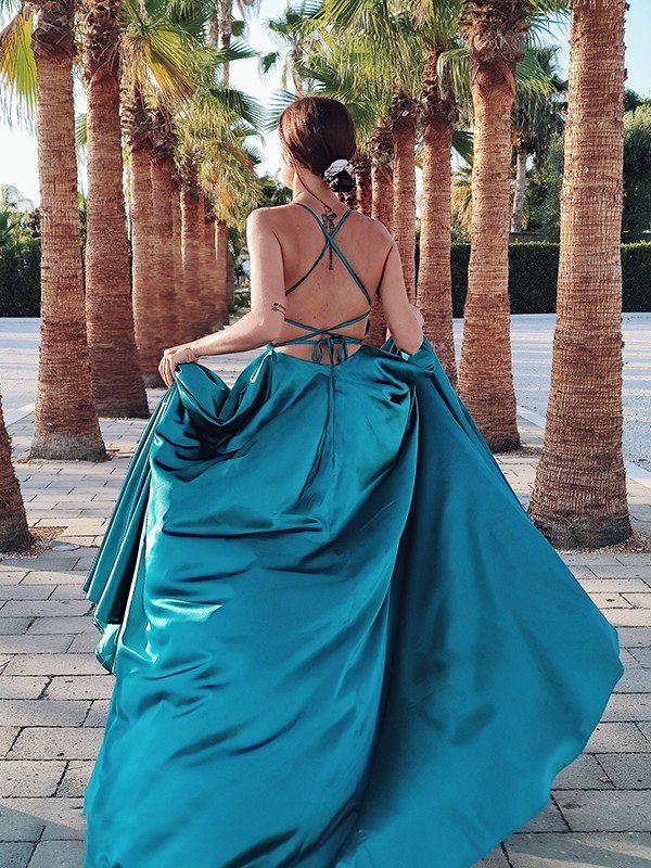 A-line Straps Sleeveless Sweep / Brush Train Lace Evening Dress With Ruffles 2