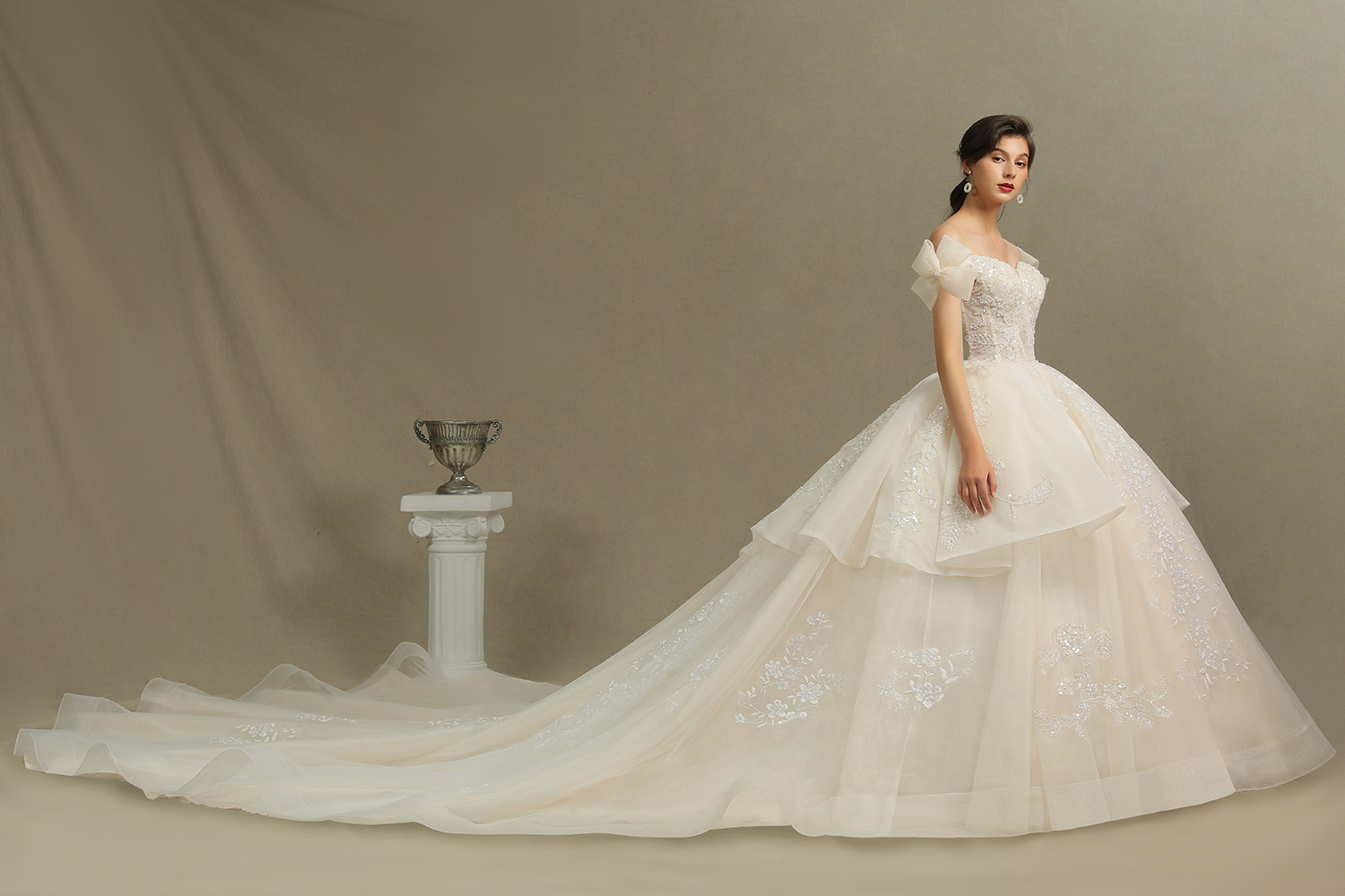A-line Strapless Cap Sleeves Cathedral Train Tulle Wedding Gown With Lace 5
