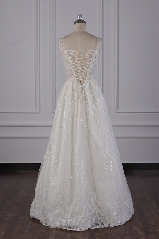 A-line Jewel Neck Sleeveless Floor-length Tulle Bridal Dress With Ruffles 2