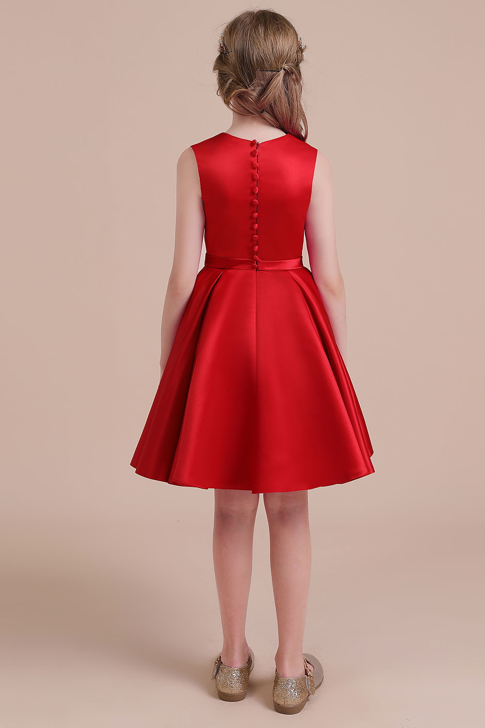 A-line Jewel Neck Sleeveless Knee-length Satin Flower Girl Dress With Bow 2