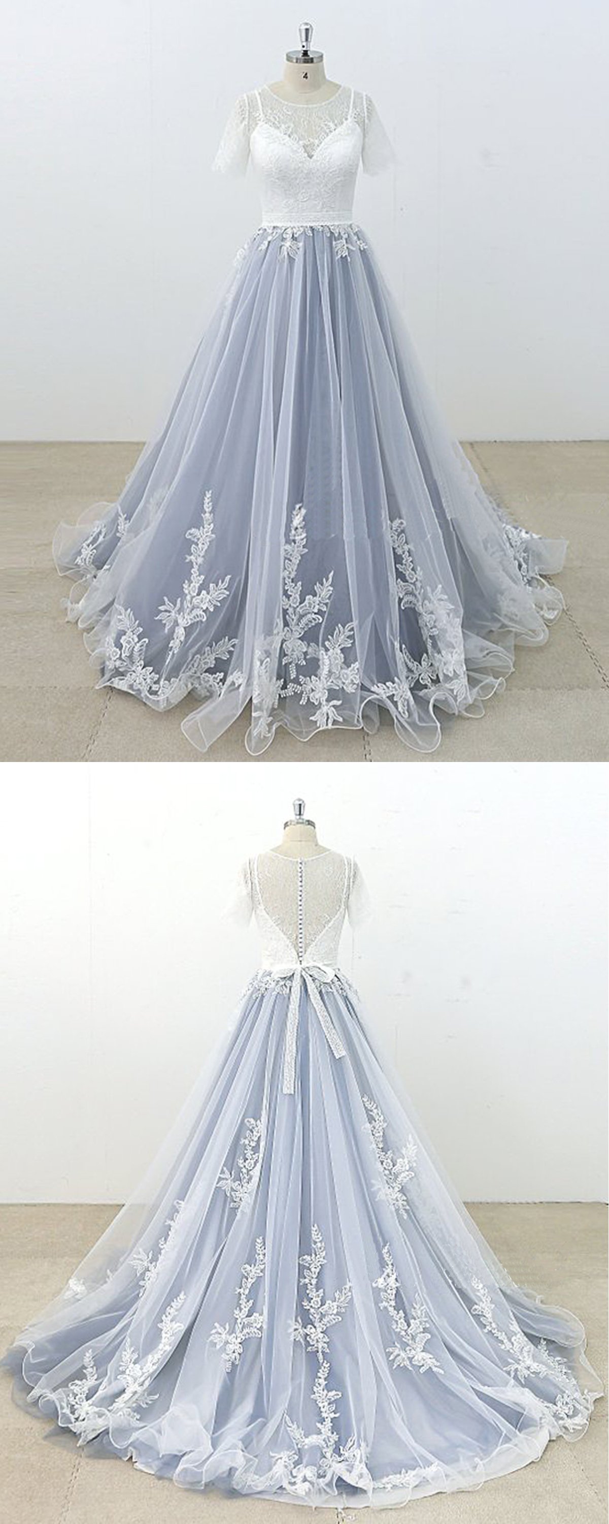 A-line Jewel Neck Short Sleeves Floor-length Tulle Bridal Dress With Lace 4