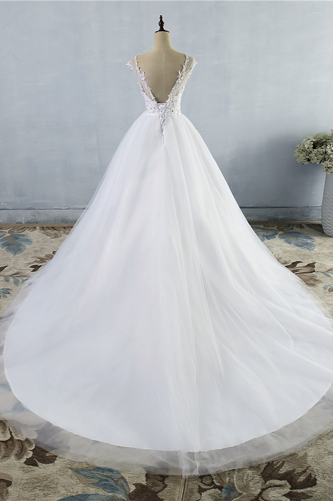 A-line Jewel Neck Sleeveless Floor-length Tulle Wedding Dress With Lace 2