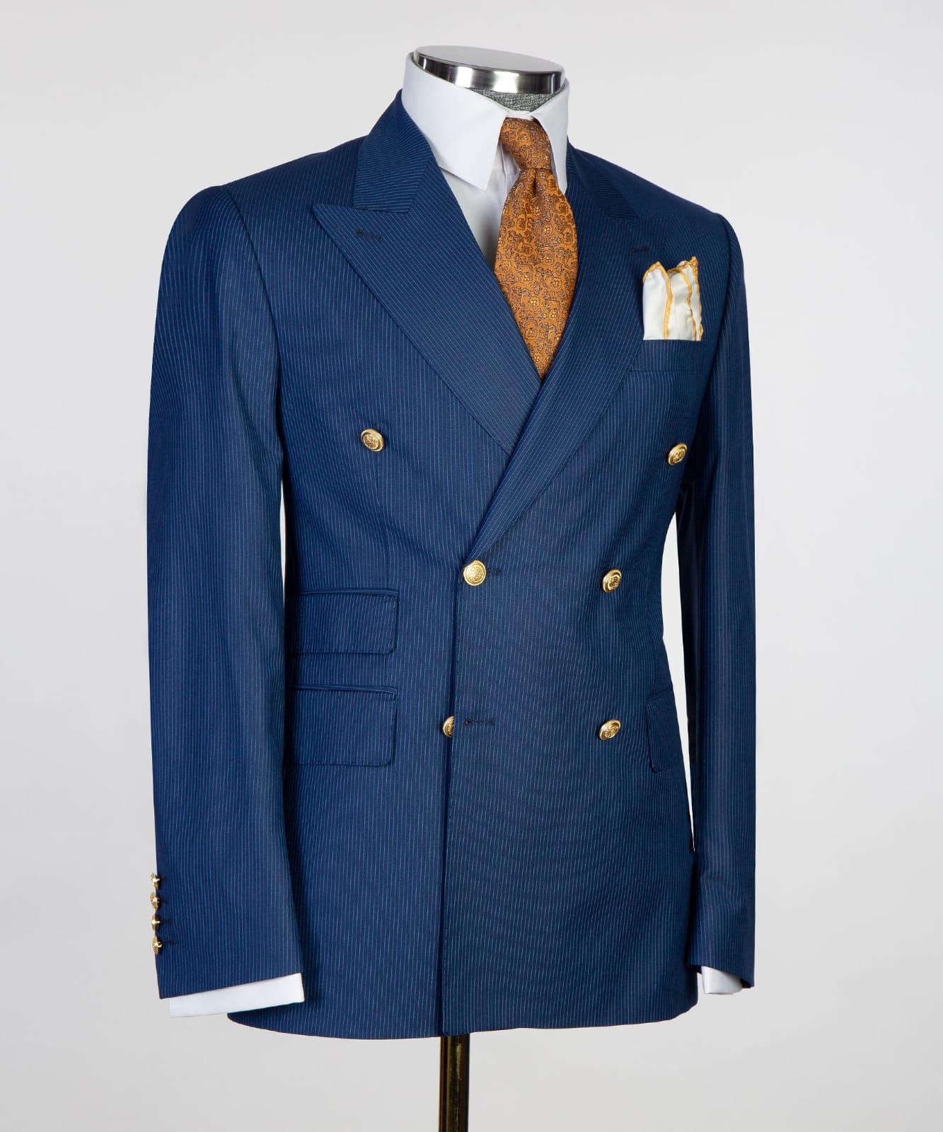 Dark Blue Stripe Double Breasted Business Men Suit with Peaked Lapel 3