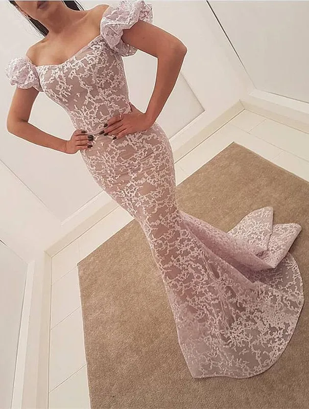 Mermaid Off-the-shoulder Sleeveless Sweep / Brush Train Evening Gown With Lace 1