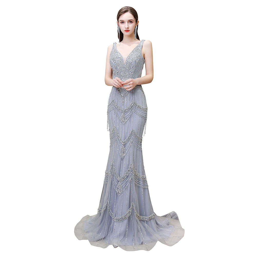 Mermaid V-neck Sleeveless Court Train Tulle Evening Gown With Feathers 8