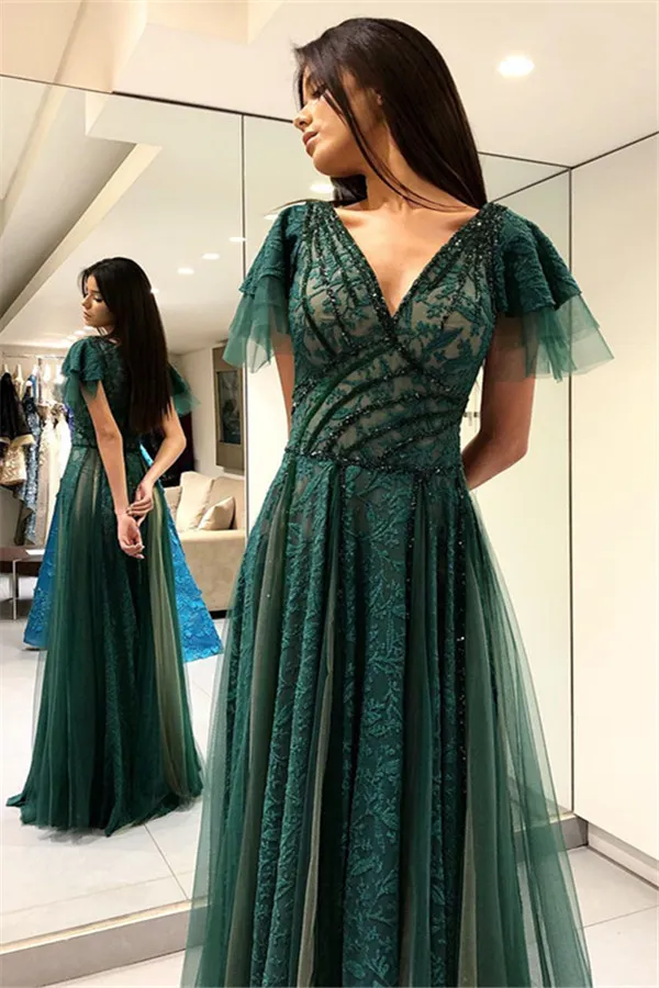 A-line V-neck Floor-length Evening Dress With Lace 1