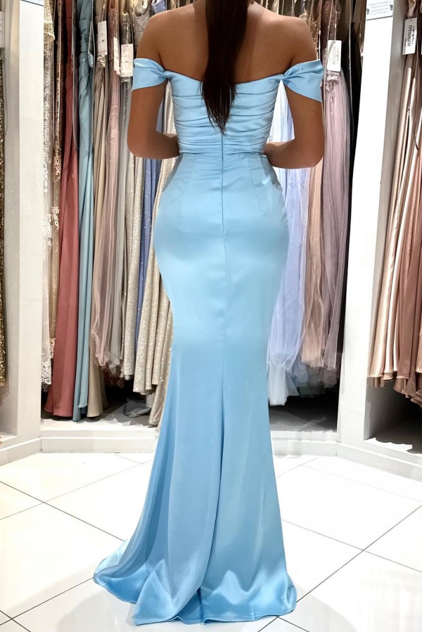 Mermaid Off-the-shoulder Sleeveless Floor-length Stretch Satin Prom Dress With Ruffles 2