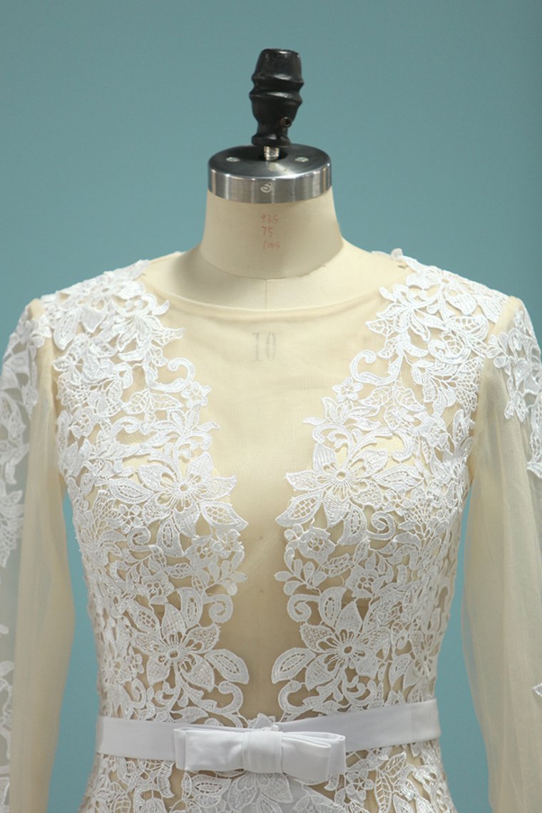 A-line Jewel Neck Long Sleeves Floor-length 100D Chiffon Bridal Gown With Lace 2