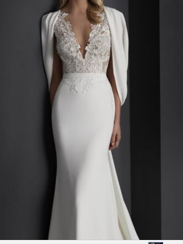 Mermaid V-neck Sleeveless Sweep / Brush Train Tulle Wedding Gown With Lace 3