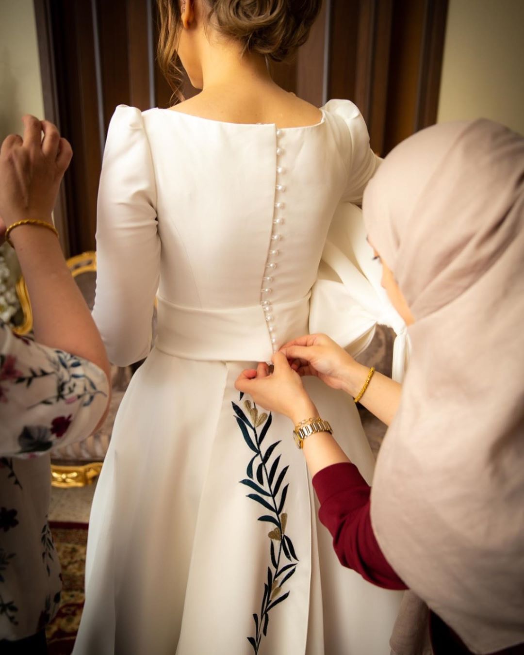 A-line Bateau Neck Long Sleeves Cathedral Train Satin Wedding Gown With Ruffles 2