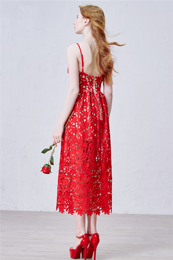 A-line Spaghetti Straps Sleeveless Tea-length Party Dress With Lace 3