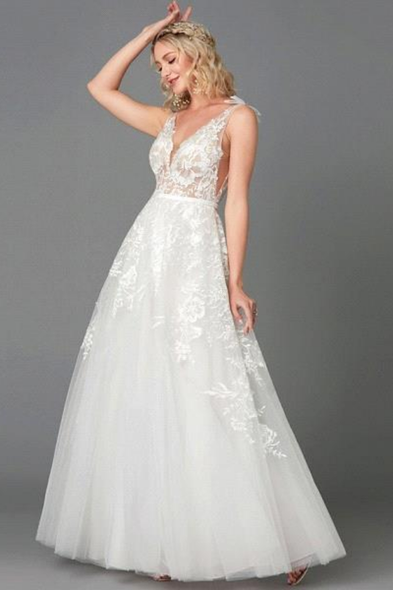 A-line Plunging Neckline Sleeveless Floor-length Tulle Bridal Dress With Lace 3