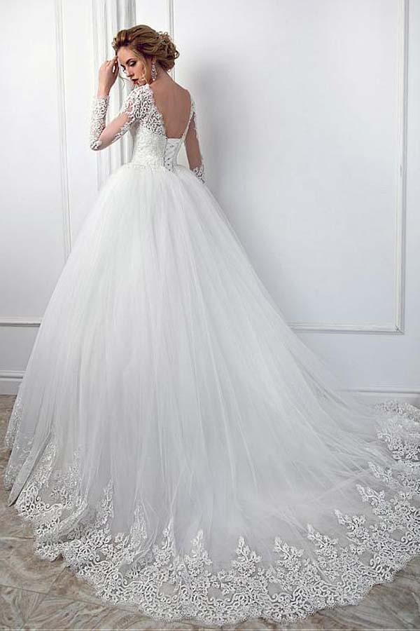 Ball Gown Jewel Neck Long Sleeves Chapel Train Tulle Bridal Dress With Lace 2