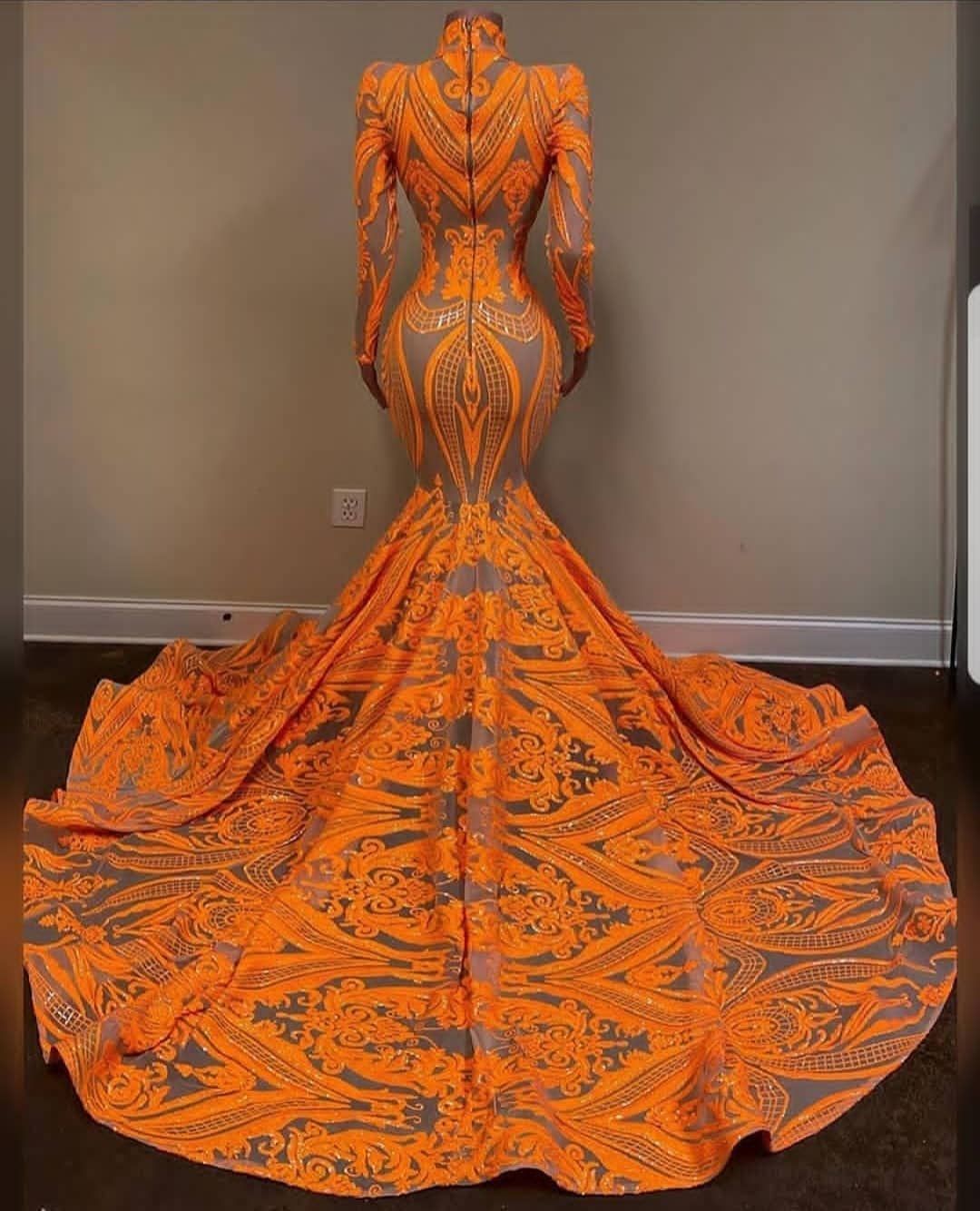 Mermaid V-neck High Neck Long Sleeves Floor-length Organza Evening Dress With Pattern 2