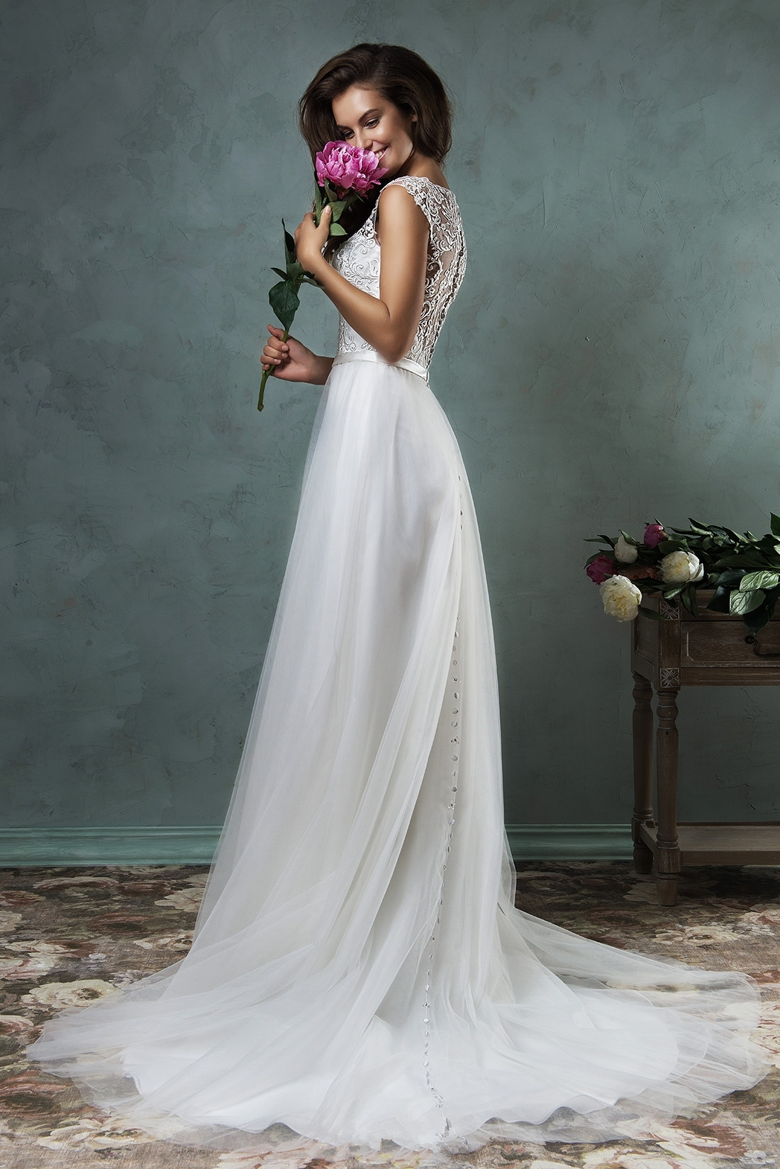 A-line V-neck Sleeveless Sweep / Brush Train Bridal Attire With Lace 2