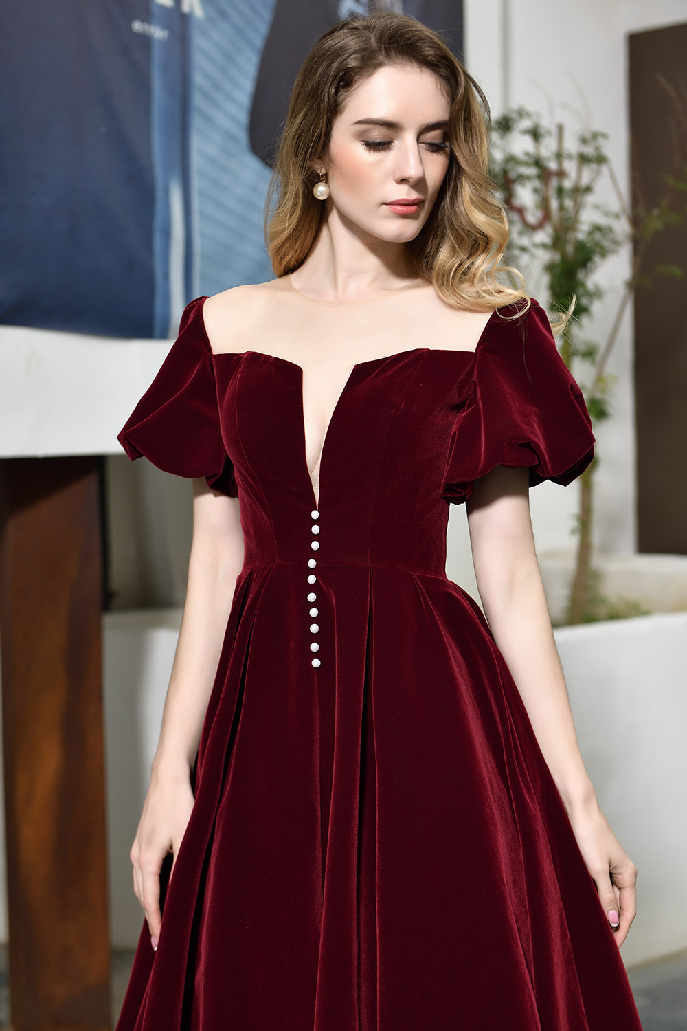 A-line Jewel Neck Short Sleeves Tea-length Velvet Homecoming Dress With Pearls 4