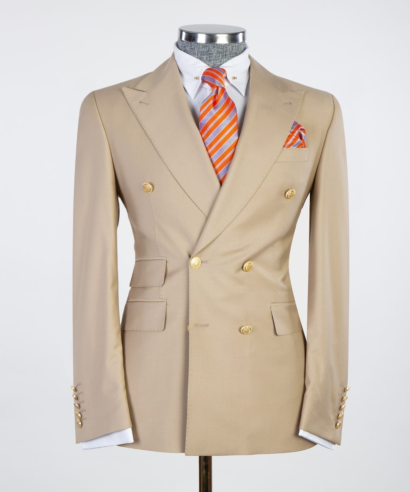 Khaki Double Breasted Business Men Suit with Peaked Lapel 4