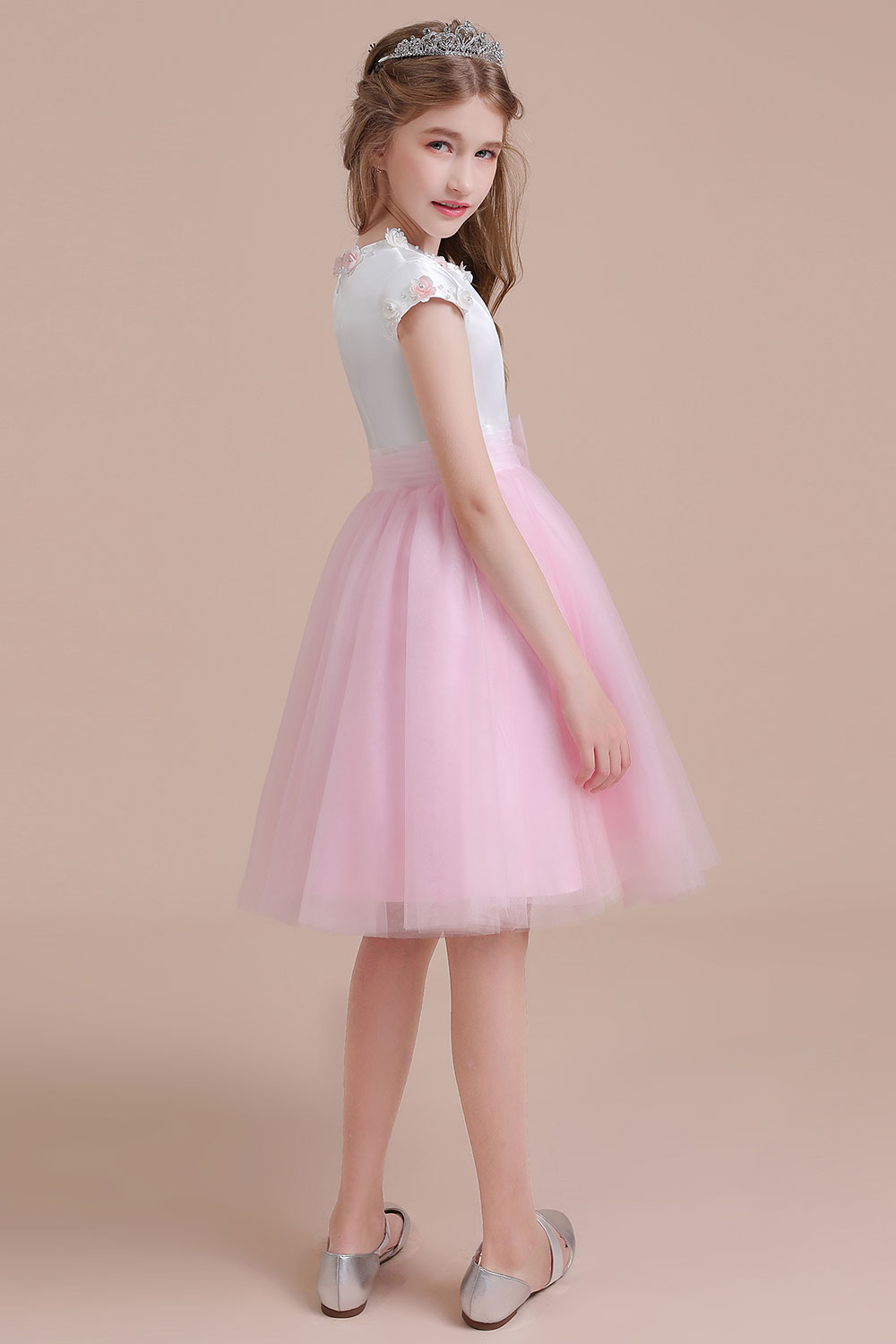 A-line Jewel Neck Short Sleeves Knee-length Satin Flower Girl Dress With Bow 6