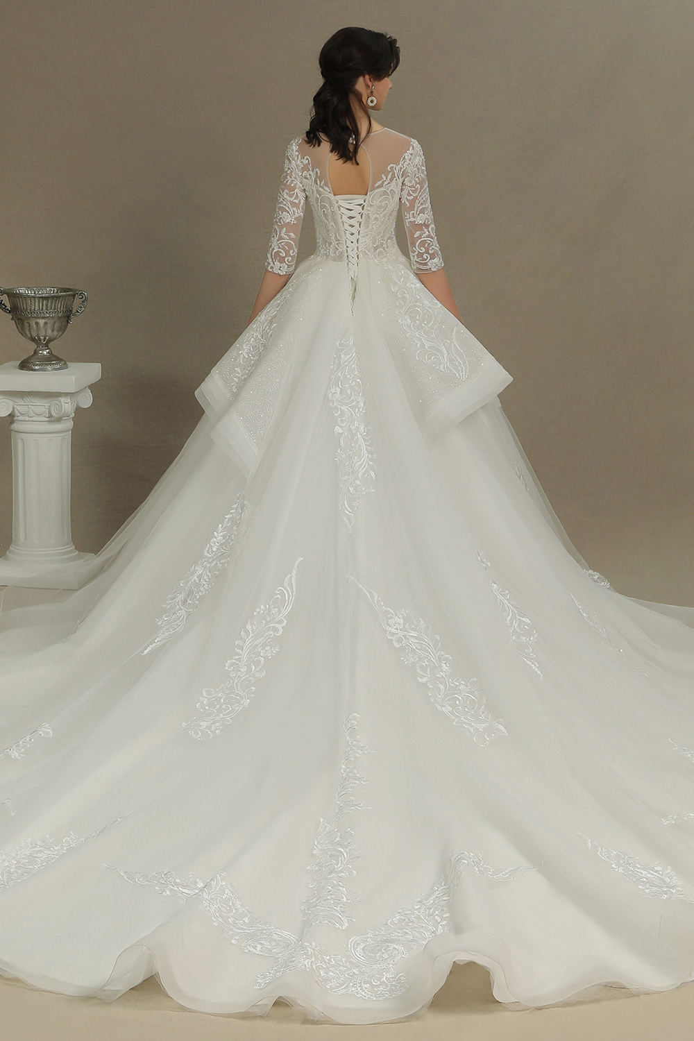A-line Jewel Neck Half-Sleeves Cathedral Train Tulle Bridal Gown With Lace 5