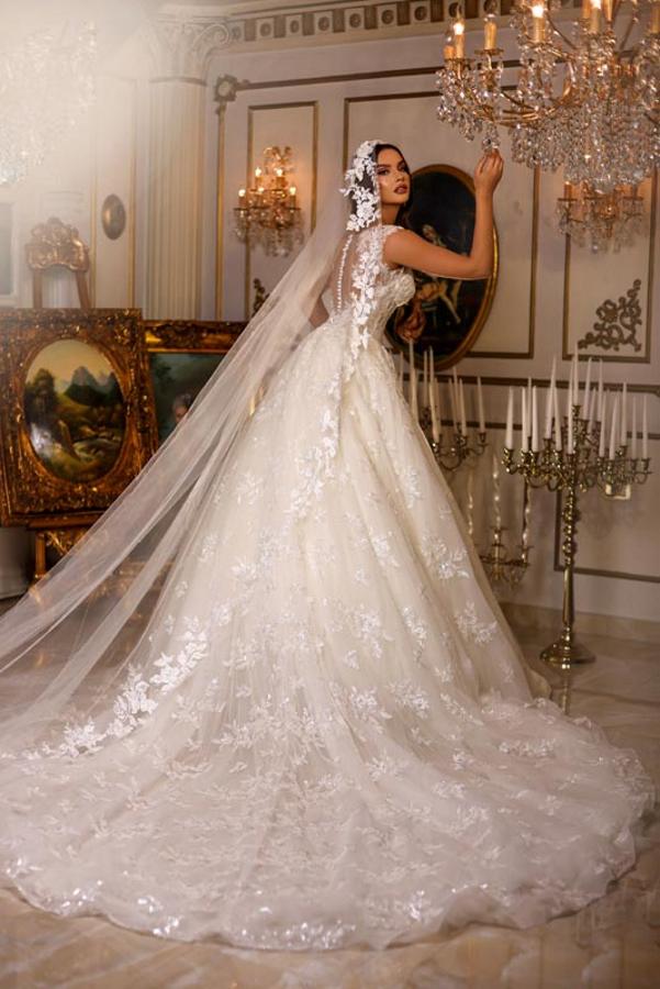 Deep V-Neck Shimmering Ball Gown with Floral Lace Appliques and Cathedral Train 4
