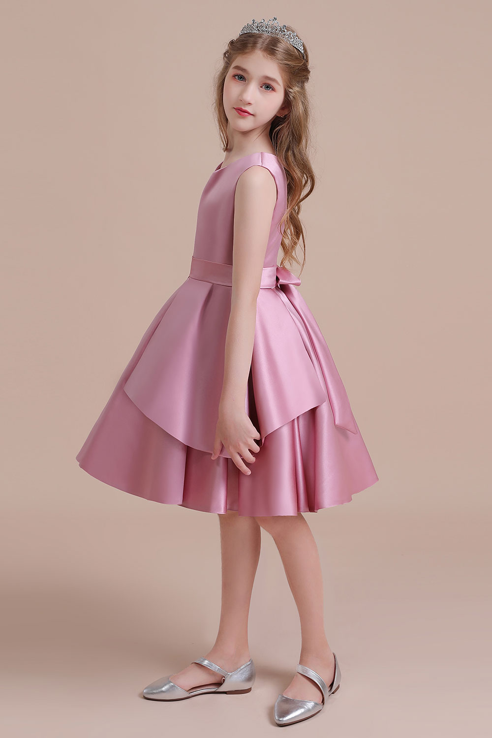 A-line V-neck Sleeveless Knee-length Satin Flower Girl Dress With Ribbons 6