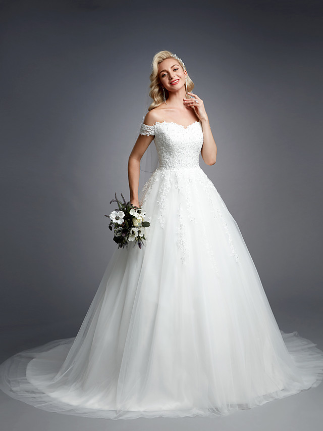 Ball Gown Short Sleeves Court Train Tulle Bridal Gown With Lace 6