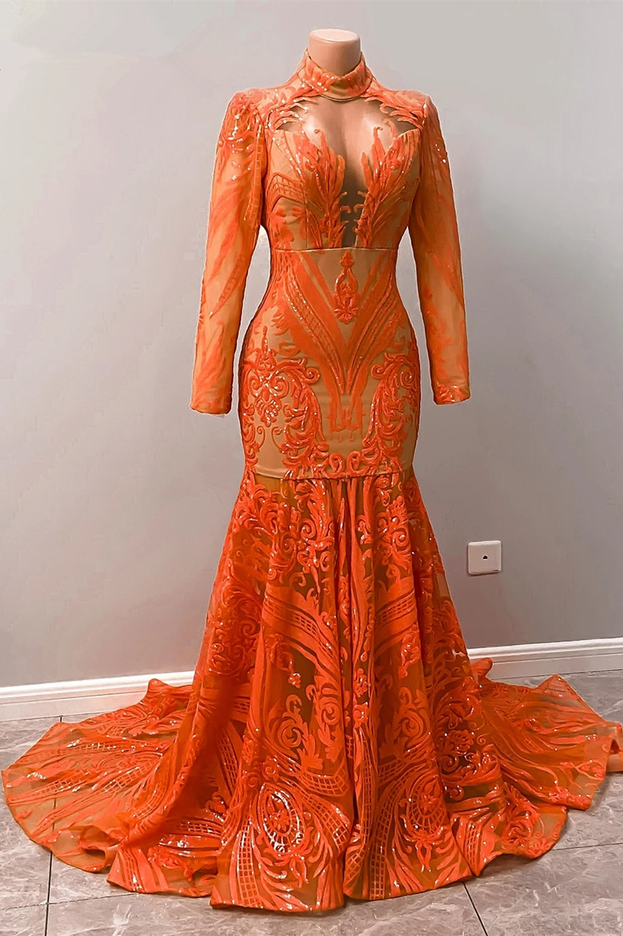 Mermaid V-neck High Neck Long Sleeves Floor-length Organza Evening Dress With Pattern 4