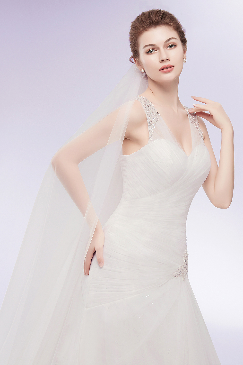 Mermaid V-neck Sleeveless Court Train Tulle Bridal Gown With Crystal 4
