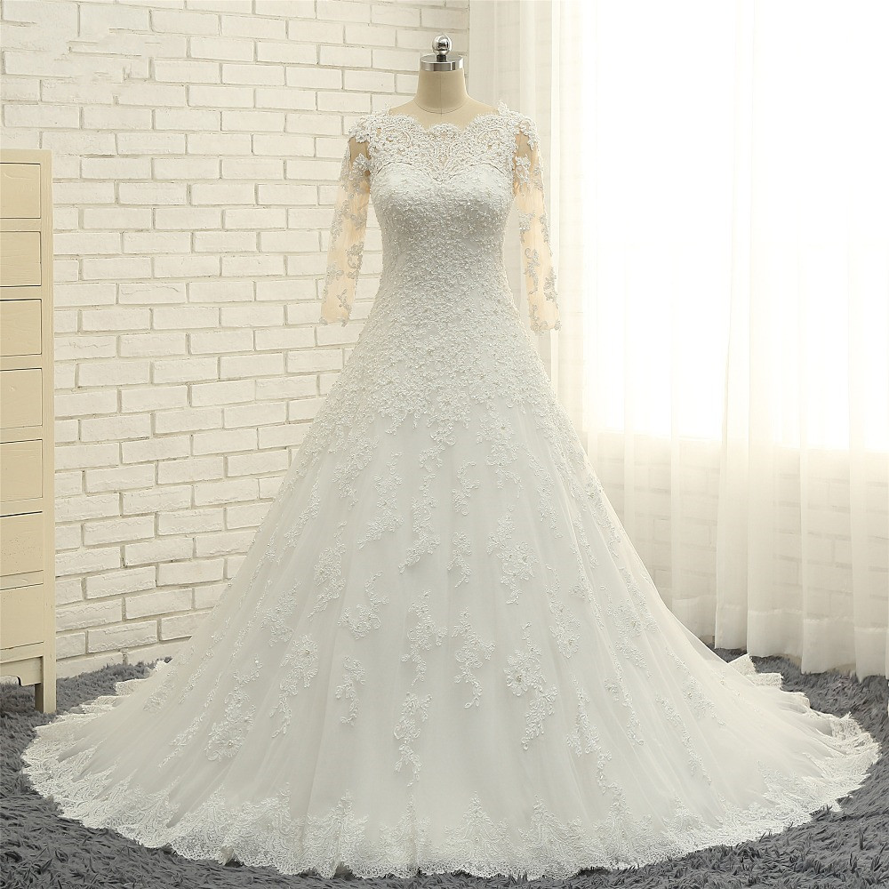 A-line Jewel Neck Half-Sleeves Court Train Wedding Gown With Lace 7